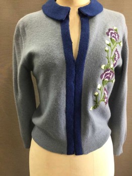 Womens, Sweater, PRECIOUS FUR BLEND, Lt Blue, Royal Blue, Green, Purple, White, Wool, Solid, Floral, S/M, Knit, Long Sleeves, Body Is Light Blue and Round Collar & Button Placket Are Royal Blue, Flower Appliqué At Side Chest, Hook & Eyes, Whip Stitched Closed, Cardigan