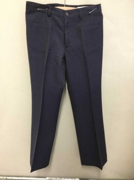 N/L, Midnight Blue, Polyester, Cotton, Solid, Flat Front, Patch Pockets, Zip Fly, Wide Leg,