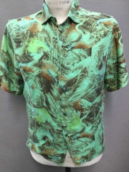 Mens, Casual Shirt, N/L, Green, Brown, Rust Orange, Lime Green, Novelty Pattern, Green W/Brown, Rust, Etc Painted Birds Pattern, Short Sleeve Button Front, Collar Attached,  Material Is Either Silk Or Rayon (?) Made To Order