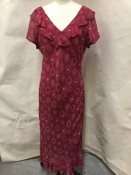 PARADISE, Dk Red, Tan Brown, Rayon, Polyester, Dots, Floral, V-neck Front & Back W/self Ruffle, Cut-off Short Sleeves, Slip-over, Bias Cut Floor Length Skirt W/self Ruffle
