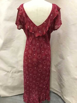 PARADISE, Dk Red, Tan Brown, Rayon, Polyester, Dots, Floral, V-neck Front & Back W/self Ruffle, Cut-off Short Sleeves, Slip-over, Bias Cut Floor Length Skirt W/self Ruffle