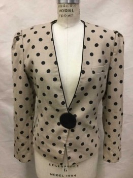 Womens, Blazer, KASPER, Beige, Black, Rayon, Polyester, Polka Dots, 8, Beige with Black Polka Dots, Long Sleeves, Plunging V Neck with No Lapel, Large/Oversized Circular Black Spiraled Cord Button at Center Front Waist, 1 Welt Pocket at Chest, Shoulder Pads, Gold Lining, Late 80s/Early 90's
