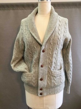 Womens, Sweater, NORDSTROM, Lt Gray, Wool, Heathered, L, Ribbed Knit Shawl Collar, 2 Pockets. Cable Knit, 5 Leather Button Closure at Front