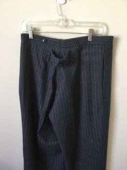 MTO, Navy Blue, White, Wool, Stripes - Pin, Button Fly, 2 Slit Pockets, Adjustable Belt at Center Back, Suspender Buttons at Outside Waist, Upper Class,