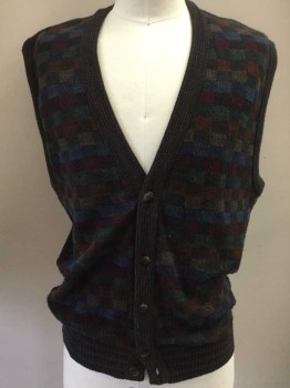 Mens, Sweater Vest, FLORENCE, Red Burgundy, Forest Green, Burnt Orange, Brown, Black, Acrylic, Wool, Color Blocking, C 44, L, Button Front, Multi-color Square Knit, Stripe Edges, Cardigan Style