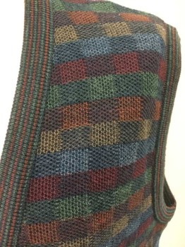 Mens, Sweater Vest, FLORENCE, Red Burgundy, Forest Green, Burnt Orange, Brown, Black, Acrylic, Wool, Color Blocking, C 44, L, Button Front, Multi-color Square Knit, Stripe Edges, Cardigan Style