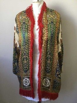 Womens, Coat, LAISE ADZER, Red, Yellow, Gold, Green, Blue, Silk, Novelty Pattern, O/S, Middle Eastern Pattern Jacquard, Long Sleeves, Open Front, Red Fringe Around Collar/Front Opening and Hem, Shoulders Beginning to Fray