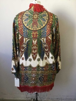 Womens, Coat, LAISE ADZER, Red, Yellow, Gold, Green, Blue, Silk, Novelty Pattern, O/S, Middle Eastern Pattern Jacquard, Long Sleeves, Open Front, Red Fringe Around Collar/Front Opening and Hem, Shoulders Beginning to Fray