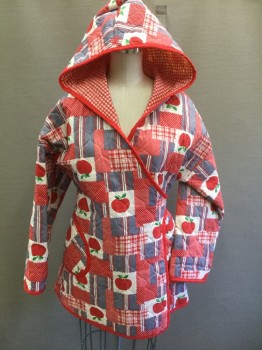 Womens, Coat, N/L, Red, White, Navy Blue, Green, Cotton, Patchwork, Novelty Pattern, B32-36, Quilted Cotton, Red/White/Navy "Patchwork" Pattern with Polka Dot, Plaid, Apples with Green Leaves Pattern, Long Sleeves, Wrap Closure, 2 Slanted Pockets at Hips, Hooded, Red and White Gingham Lining,