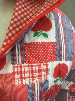 Womens, Coat, N/L, Red, White, Navy Blue, Green, Cotton, Patchwork, Novelty Pattern, B32-36, Quilted Cotton, Red/White/Navy "Patchwork" Pattern with Polka Dot, Plaid, Apples with Green Leaves Pattern, Long Sleeves, Wrap Closure, 2 Slanted Pockets at Hips, Hooded, Red and White Gingham Lining,