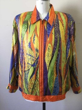 Mens, Jacket, JOEY RICHI, Orange, Yellow, Blue, Black, Gold, Silk, Polyester, Novelty Pattern, Ch 52, Wavy Line Print with Gold Check Throughout, Pointy Collar, Zip Front, Elastic Waist,