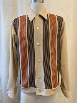 Mens, Sweater, SEARS, Beige, Dk Brown, Rust Orange, White, Synthetic, Stripes, L, Beige with Dark Brown/ Rust/ White Stripes, Button Front, Collar Attached,