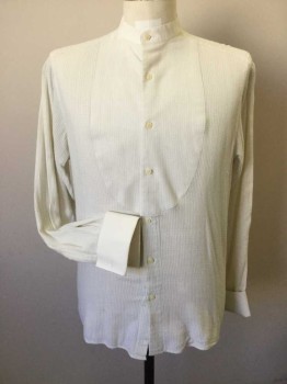 PRES DU CORPS, Cream, Lt Blue, Cotton, Stripes, Upper Class Shirt. Textured White & Blue Cotton Shirt with Off White Collar Band & French Cuffs.  Bib Front, Button Front, Long Sleeves,. Some Thread Snags on Back,