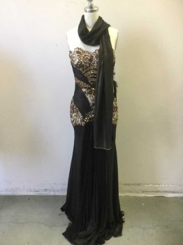 ROYAL QUEEN, Black, Gold, Copper Metallic, Synthetic, Sequins, Solid, Floral, Strapless, Zip Side, Floral Appliqué in Gold/Copper Thread with Copper Sequins on Bust, Center Front, and Hips, Beaded Stripes Under Bust, Beaded Waist/Center Front, Black Fabric with Gold Sparkle Flecks, Horizontal Pleated Panels Under Bust, Curved Pleated Hip Panels, Accordion Pleated  Center Front 2 Draped Panels, Separate Gold Flecked Scarf with Copper Beaded Hem