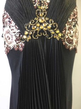 ROYAL QUEEN, Black, Gold, Copper Metallic, Synthetic, Sequins, Solid, Floral, Strapless, Zip Side, Floral Appliqué in Gold/Copper Thread with Copper Sequins on Bust, Center Front, and Hips, Beaded Stripes Under Bust, Beaded Waist/Center Front, Black Fabric with Gold Sparkle Flecks, Horizontal Pleated Panels Under Bust, Curved Pleated Hip Panels, Accordion Pleated  Center Front 2 Draped Panels, Separate Gold Flecked Scarf with Copper Beaded Hem