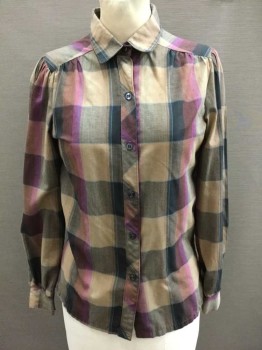 OAK HILL, Brown, Magenta Purple, Black, Blue, Cotton, Plaid, Long Sleeve Button Front, Collar Attached,  Gathered At Shoulder Seams,
