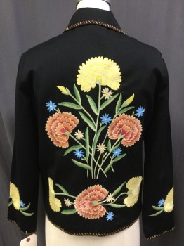 Womens, Casual Jacket, RALPH LAUREN, Black, Cream, Orange, Red, Yellow, Wool, Cotton, Floral, 8, Retro 50's Mexican Floral Embroidery, Hook & Eye Front Closure, 2 Patch Pocket, Boxy