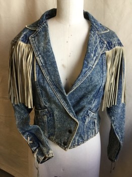 PREZZIA, Blue, Beige, Cotton, Solid, Stone Washed Blue Denim, Notched Lapel, Yoke with Beige Suede Hanging Down Front & Back, Off Side Slant 3 Metal Snap Front, 2 Slant Pockets, Matching Suede Lacing Center Bottom Back &  Long Sleeves,