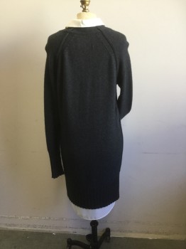 Womens, Dress, Long & 3/4 Sleeve, BROCHU WALKER, Charcoal Gray, White, Cashmere, Silk, Heathered, Solid, S, Long Charcoal Gray Sweater Like Dress with Faux White Undershirt of Collar Attached, Button Front, and Shirt Hem at Sweater Hemline