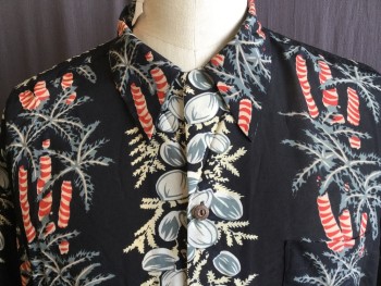 Mens, Hawaiian Shirt, AVANTI, Black, Cream, Gray, Red, Beige, Silk, Hawaiian Print, 2XL, Collar Attached, Button Front, 1 Pocket, Short Sleeves,