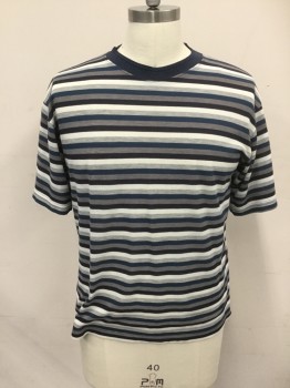Mens, T-shirt, ANCHOR BLUE, Navy Blue, Teal Blue, Gray, Lt Gray, White, Cotton, Polyester, Stripes, C: 40, M, Pique Knit, S/S, Solid Navy Ribbed Knit Crew Neck