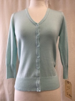 YE MAK, Lt Blue, Acrylic, Nylon, Solid, Knit, Button Front, V-neck, 3/4 Sleeves, Fitted