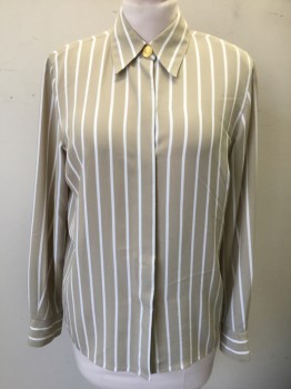 STARINGTON, Beige, White, Polyester, Stripes - Vertical , Beige with White Vertical Stripes Crepe, Long Sleeve Button Front, Collar Attached, Padded Shoulders, Gold Button at Neck and Cuffs,