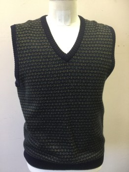 Mens, Sweater Vest, BROOKS BROTHERS, Navy Blue, Olive Green, Goldenrod Yellow, Wool, Fair Isle, M, Pullover, V-neck, Rib Knit Neck/ Arm Holes/ Waist