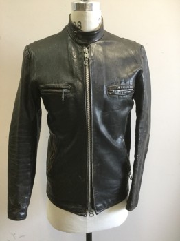 Mens, Leather Jacket, BRITISH CYCLE LEATHE, Black, Leather, Solid, 38, Motorcycle Jacket, Zip Front, 4 Zip Front, Rounded Sleeves, Snap Tab Collar, Zip Sleeves, Aged, Mint Lining