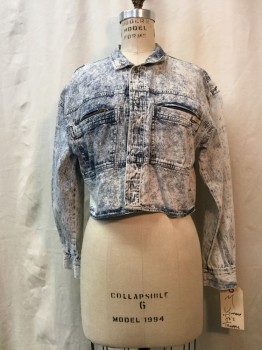 TRAFFIC, Navy Blue, White, Cotton, Acid Wash, Button Front, Collar Attached, Cropped 2 Zip Pockets