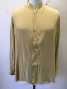 BOCCI, Tan Brown, Silk, Solid, Long Sleeve Button Front, Band Collar, Covered Button Placket, 1980's Inspired, **Has a Double