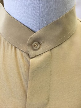 BOCCI, Tan Brown, Silk, Solid, Long Sleeve Button Front, Band Collar, Covered Button Placket, 1980's Inspired, **Has a Double