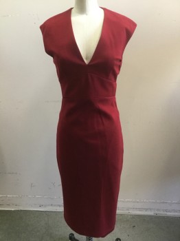 Womens, Dress, Sleeveless, ELIE TAHARI, Wine Red, Spandex, Solid, 2, V-neck, Detailed Seam Waist Band, Fitted, Calf Length