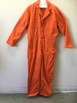 RED KAP, Orange, Cotton, Solid, Prison Jumpsuit, Snap Front, Collar Attached, Long Sleeves, 6 Pockets, Elastic Back Waistband, Pleated Back