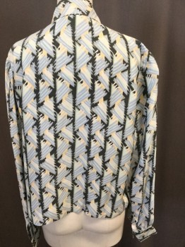 ERIC WINTERLING, Lt Blue, Midnight Blue, Yellow, Black, Silk, Stripes, Basket Weave, Button Front, Long Sleeves, Pussy Cat Bow Tie Blouse, Repro Made To Order,