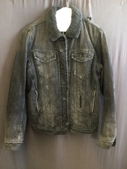 Mens, Jean Jacket, DIESEL, Faded Black, Cotton, Solid, S, Button Front, Flap Pockets, Shearling Lining