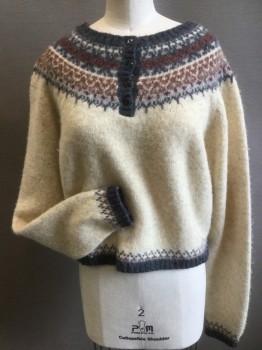 5.7.9, Almond, Steel Blue, Brown, Red Burgundy, Wool, Solid, Geometric, Long Sleeves, Pullover, 4 Buttons, Yoke Design