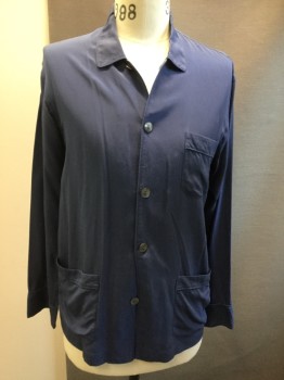 Mens, Sleepwear PJ Top, LAPERLA, Slate Blue, Silk, Solid, M, Collar Attached, Button Front, 3 Patch Pockets,