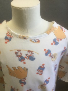 Unisex, Child, Patient Gown, N/L, White, Multi-color, Polyester, Novelty Pattern, M, White with Clowns and Elephants Pattern, Raglan Short Sleeves, Open in Back with Self Ties