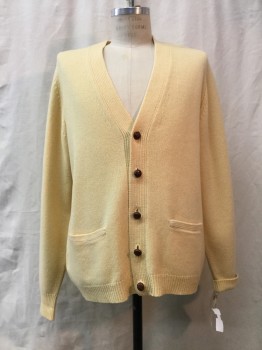 ALAN PAINE, Lt Yellow, Wool, Solid, Cardigan, Button Front, 2 Pockets,