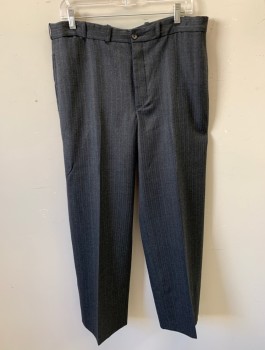 Mens, 1920s Vintage, Suit, Pants, SIAM COSTUMES MTO, Charcoal Gray, Wool, Stripes - Pin, In:28+, W:35, Alternating Lt Gray And Blue Pin Stripe, Flat Front, Button Fly, 5 Pockets Including 1 Watch Pocket, Belt Loops,