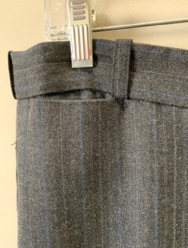 Mens, 1920s Vintage, Suit, Pants, SIAM COSTUMES MTO, Charcoal Gray, Wool, Stripes - Pin, In:28+, W:35, Alternating Lt Gray And Blue Pin Stripe, Flat Front, Button Fly, 5 Pockets Including 1 Watch Pocket, Belt Loops,