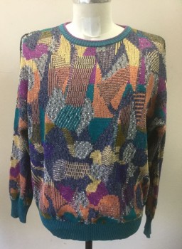 ST.CROIX, Multi-color, Purple, Orange, Yellow, Teal Green, Cotton, Viscose, Geometric, Abstract , with Dotted Texture Knit, Pullover, Long Sleeves, Crew Neck, Solid Teal Cuffs and Waist,