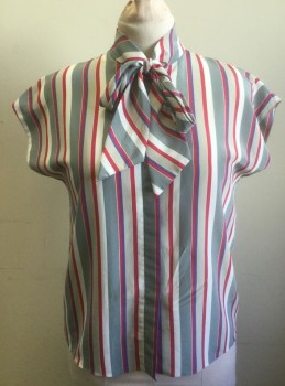 SASSON, Gray, Fuchsia Pink, Taupe, White, Violet Purple, Polyester, Stripes - Vertical , Dolman Cap Sleeves, Button Front, Stand Collar with Self "Pussy Bow" Ties Attached at Neck, **Has White Stains Near Left Armhole