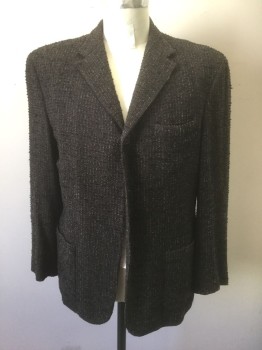 Mens, 1920s Vintage, Suit, Jacket, GILBERTO GUZMAN, Dk Brown, Brown, Black, Wool, Speckled, W32, 41S, I30, Nubbly Boucle Textured, Single Breasted, Notched Lapel, 3 Button Holes, (All But 1 Button Currently Missing, 3 Pockets, 2 Bottom Pockets are Patch Pockets, Made To Order