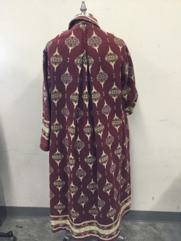 Mens, Robe, N/L, Cranberry Red, Cream, Mint Green, Lt Blue, Wool, Novelty Pattern, M, Frogs, But Missing Closures, No Belt, Some Sun Damage on Shoulders