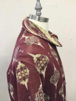 Mens, Robe, N/L, Cranberry Red, Cream, Mint Green, Lt Blue, Wool, Novelty Pattern, M, Frogs, But Missing Closures, No Belt, Some Sun Damage on Shoulders