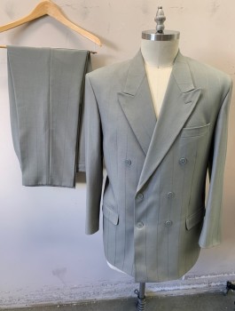 GIORGIO, Lt Gray, Polyester, Stripes - Pin, Stripped Pin Woven, Double Breasted, Peaked Lapel, 6 Buttons, 3 Pockets
