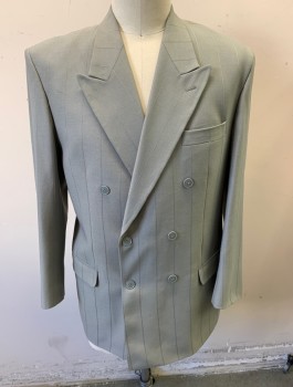 GIORGIO, Lt Gray, Polyester, Stripes - Pin, Stripped Pin Woven, Double Breasted, Peaked Lapel, 6 Buttons, 3 Pockets