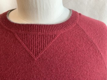 Mens, Pullover Sweater, PATAGONIA, Brick Red, Cashmere, Solid, L, Crew Neck, Heather Gray Neck and Cuff Trim, Ribbed Knit Neck/Waistband/Cuff, Raglan Long Sleeves